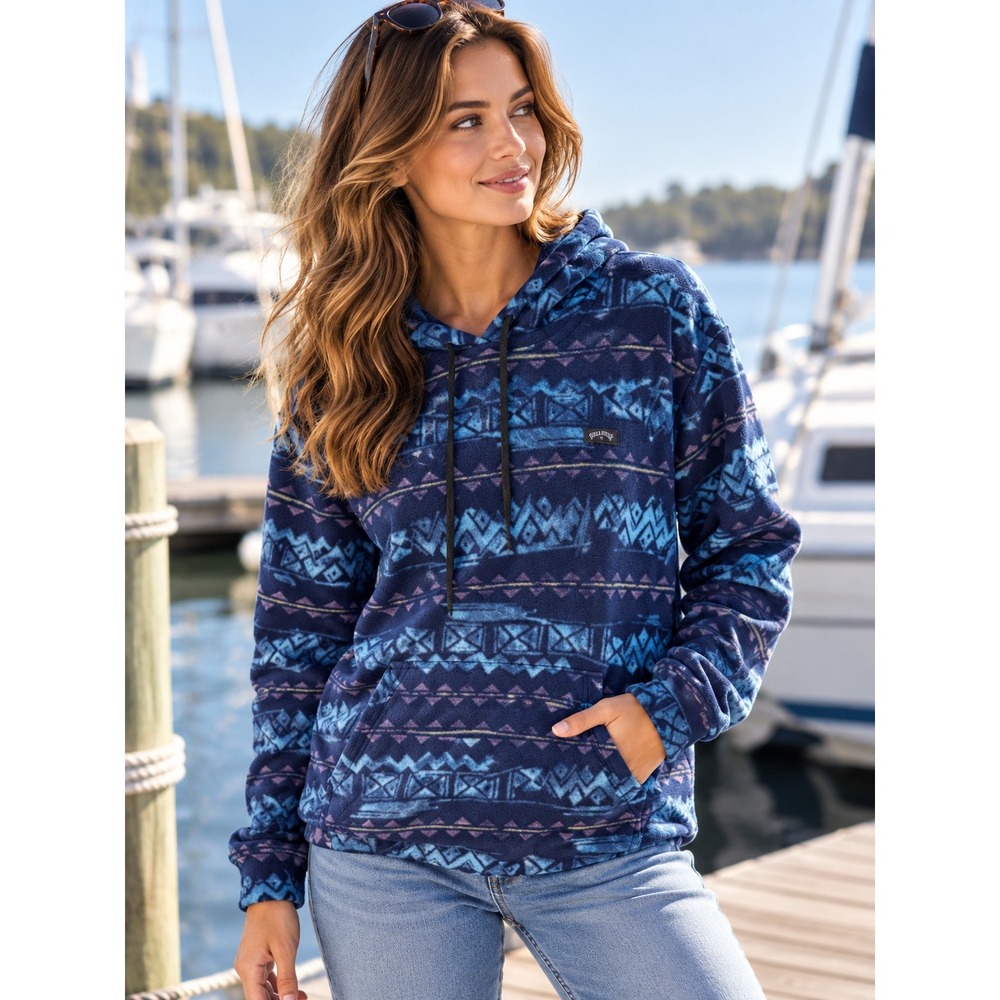 Billabong Fleece Hoodie Womens S Blue NWT Adventure Division Tribal Print